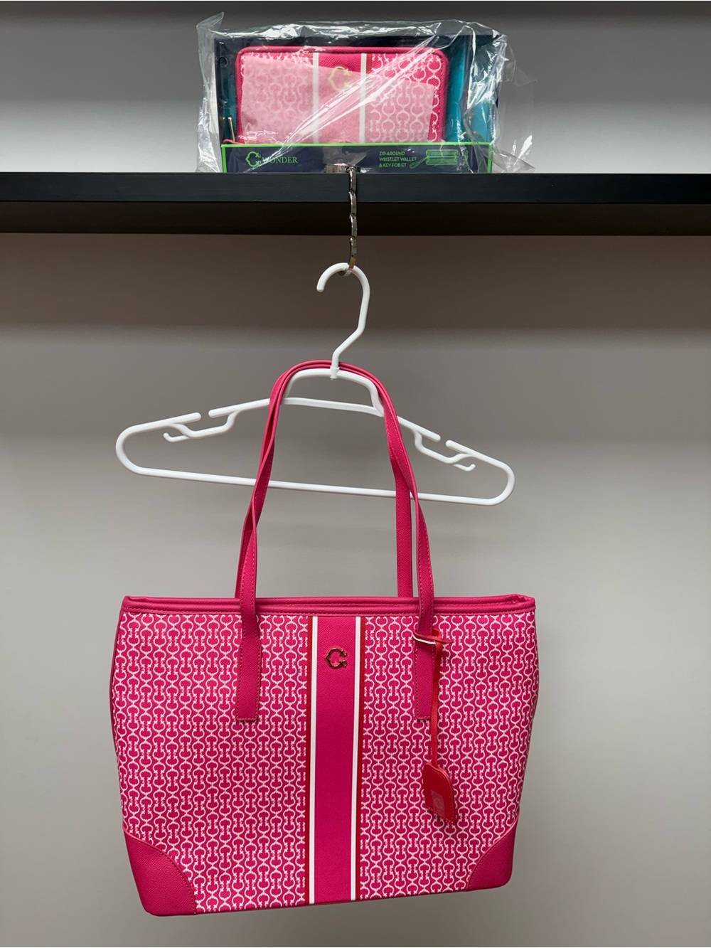 Hot Pink Patterned Tote Bag with Stripe Accent 
Matching wallet and keychain